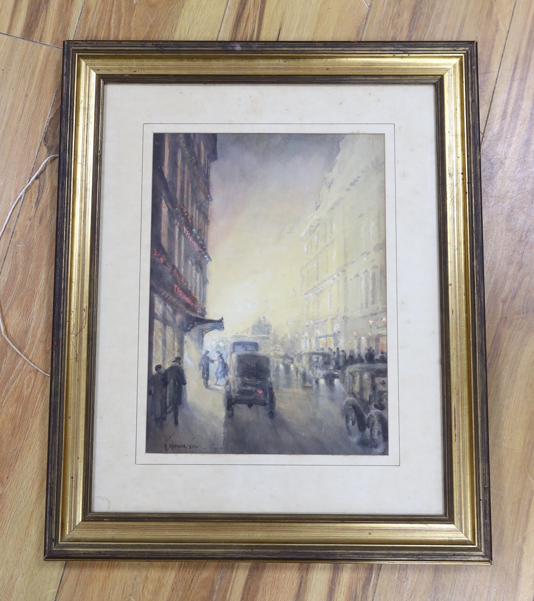 Arthur Meyrick (fl.1903-1914), watercolour, 'An impression, Shaftesbury Avenue', signed and dated 1931, East Kent Art Society, inscribed label verso, 35 x 25cm